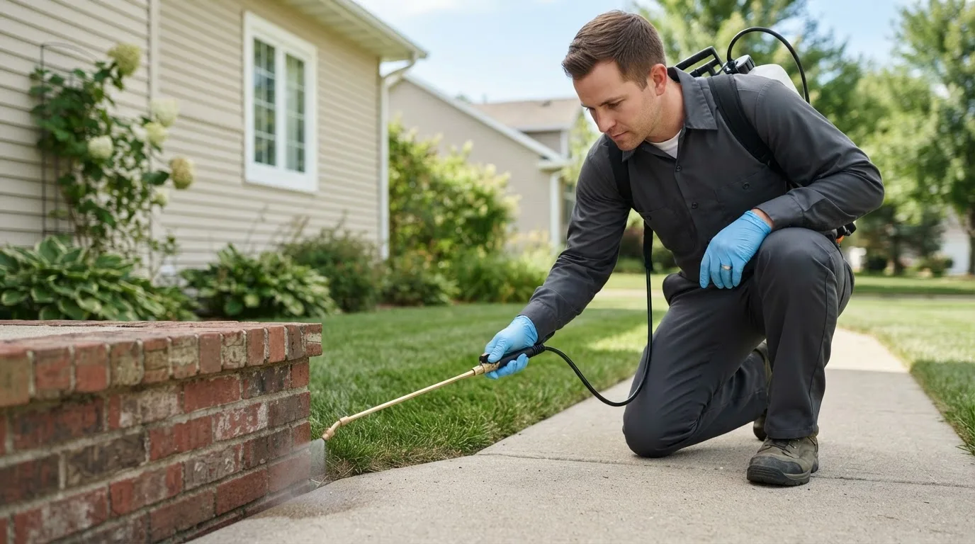 Pest control technician treating a home near Hamer, ID